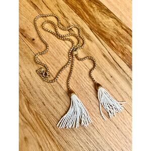 J. Crew Gold Tone Lariat Necklace with White Beaded Tassels